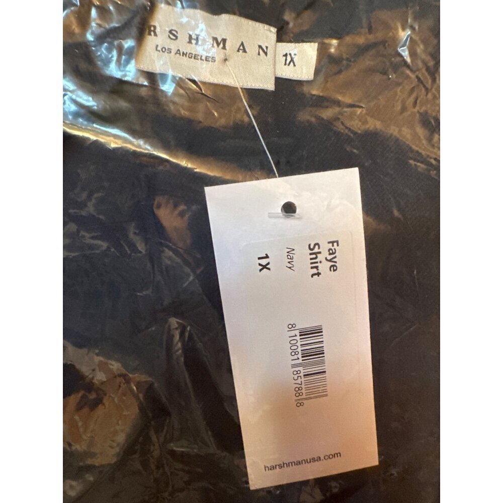 Harshman Faye Navy Shirt 1X Tencel Lyocell Balloon Sleeves Pleated Back Yoke - Picture 6 of 7